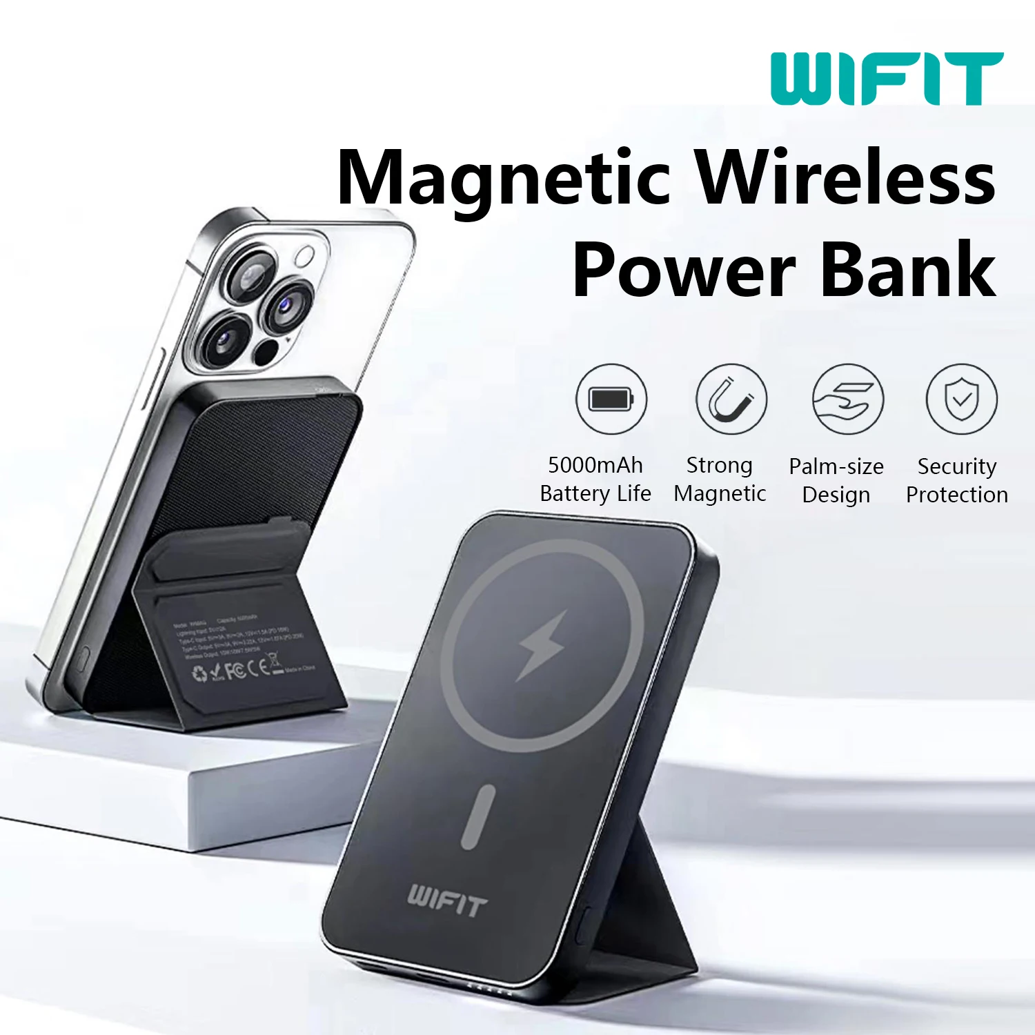 WIFIT Magnetyczny bezprzewodowy powerbank 5000 mah ze składaną podstawką Mini przenośny powerbank WiMag