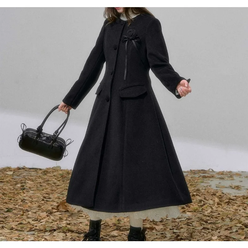 French gold wind black cloak double-breasted woolen coat autumn high-end two-piece set for women