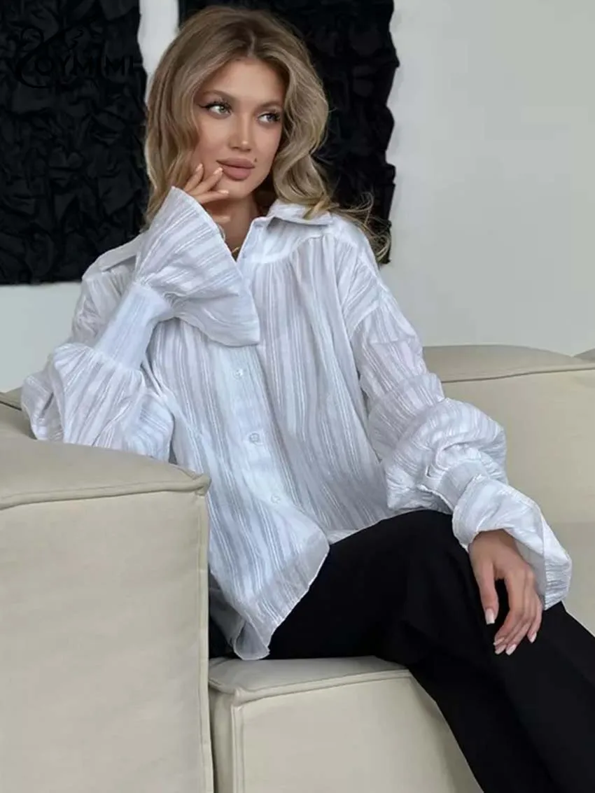 Oymimi Elegant White Cotton Women's Shirt Fashion Lapel Long Sleeve Pleated Shirts Casual Single Breasted Solid Shirt Streetwear