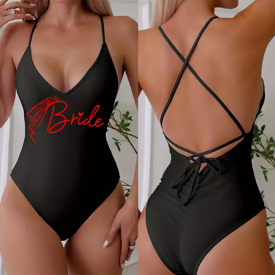 Veil Padded One Piece Swimsuit BRIDE SQUAD Letter Print Swimwear Women Bikini Bathing Suit Summer Bodysuit Backless monokini