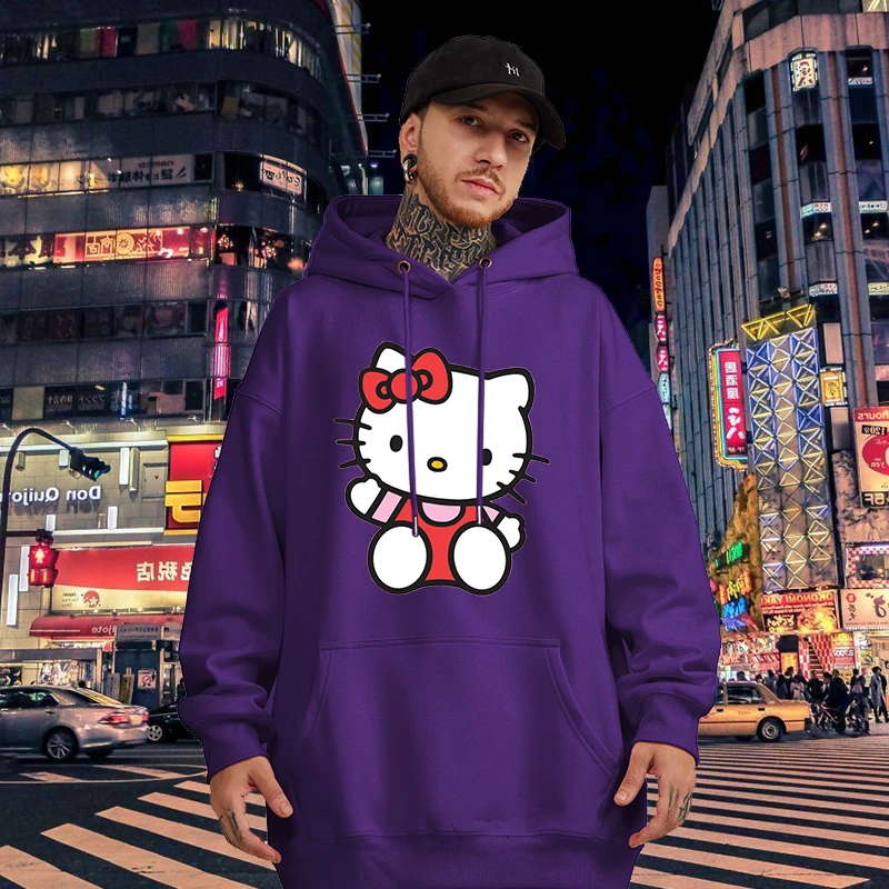 Cartoon Graphic Printed Male Sweatshirts Kawaii Hello Kitty Pattern Anime Long Sleeve Men Hoodies Autumn Winter Casual Tops