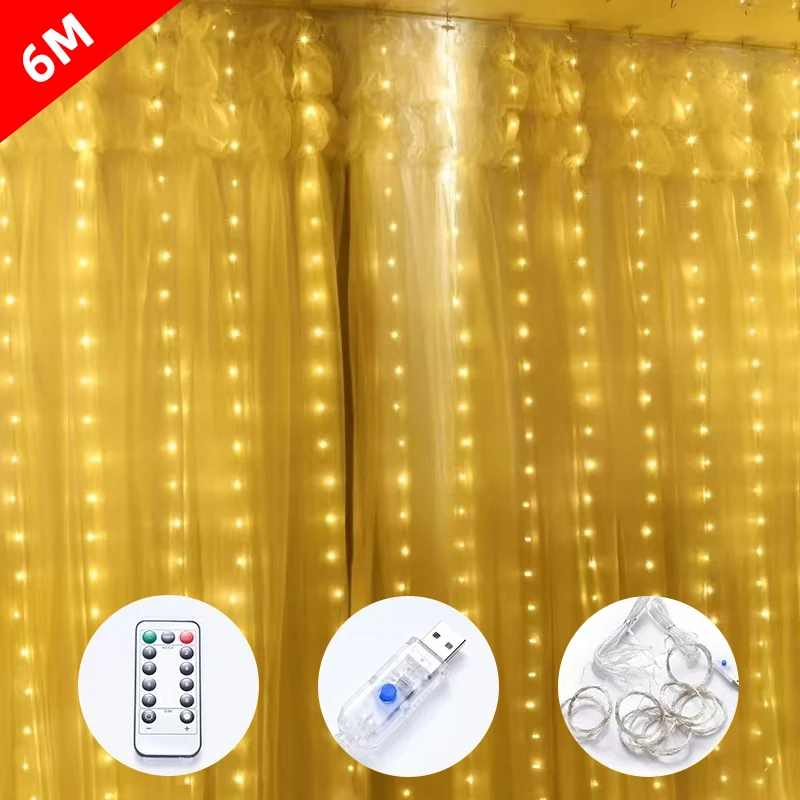 6M/3M New Year Lights Curtains for Windows Led Fairy Christmas Light Room String Battery Powered Garland Waterfalls Decorations