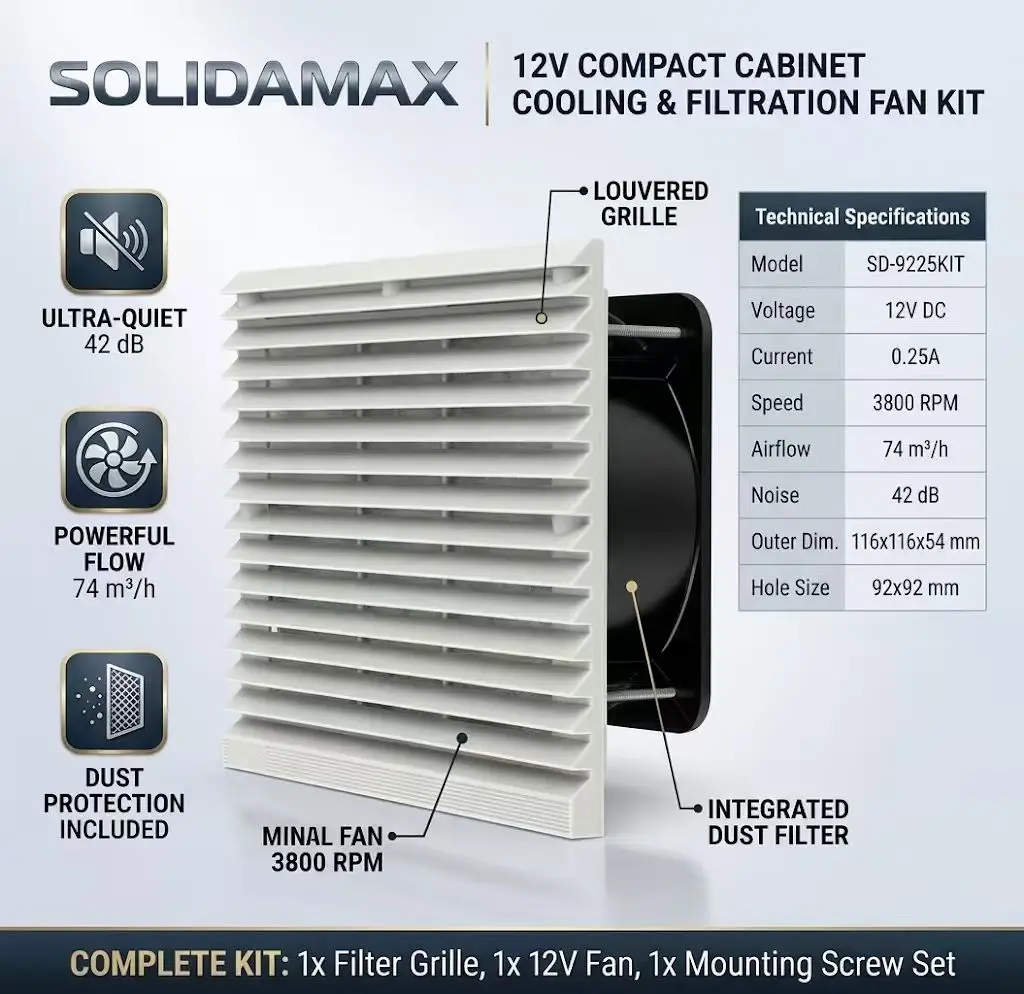 SOLIDAMAX 802.12V Cabinet Cooling Fan Kit 116x116mm AC 12V 92mm Ventilation Filter Grille Wire Guard