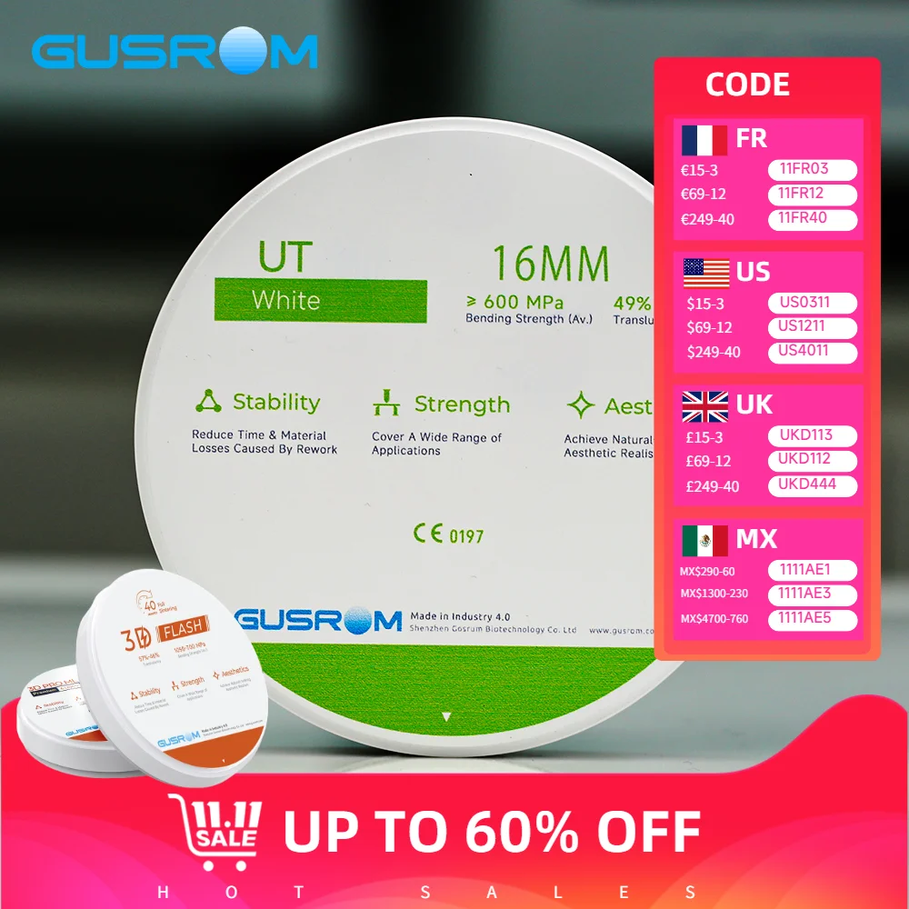 GUSROM UT الأبيض زركونيا كتلة 98 مللي متر عالية شفافة الأسنان زركونيا القرص ل CAD/CAM القشرة الجمالية استعادة التاج الأمامي