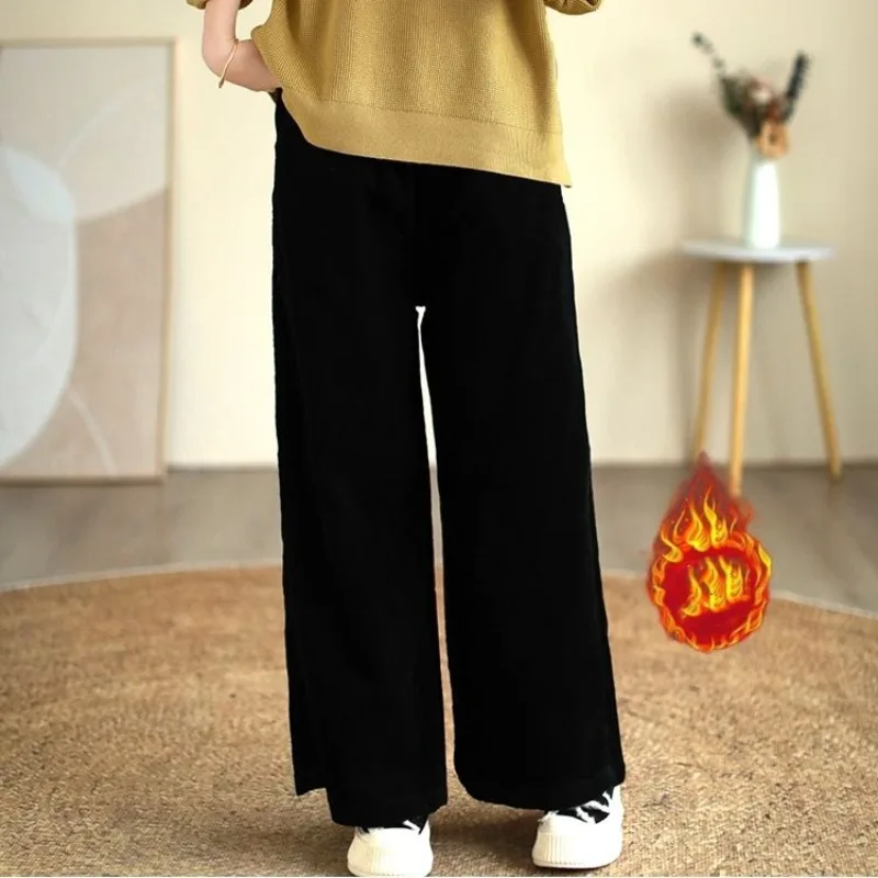 Women's Solid Elastic Waist Thick Wide Leg Autumn and Winter New Corduroy High Waist Retro Loose Pocket Straight Casual Pants