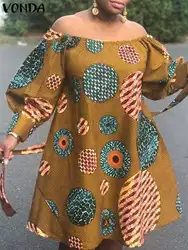 VONDA Bohemian Women Floral Print Mini Dress 2024 Summer Sexy Off Shoulder Long Lantern Sleeve Party Sundress Belted Loose Robe