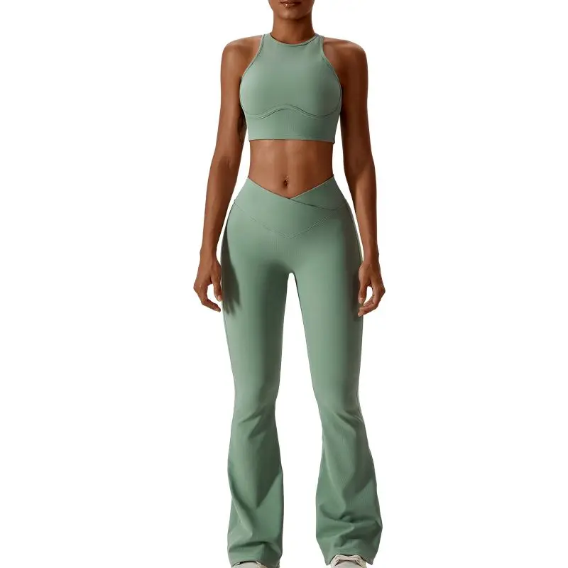 Women 2PCS Tight Fitting Sports Set Gym Tracksuit Workout Yoga Suit   Breathable Bra Tank Top Loose Bell-bottoms Leggings