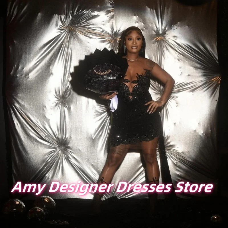 

Black Exquisite Beaded Applique Short Prom Dress For African Girls Sleeveless Birthday Party Dresses Cocktail Dress Customized