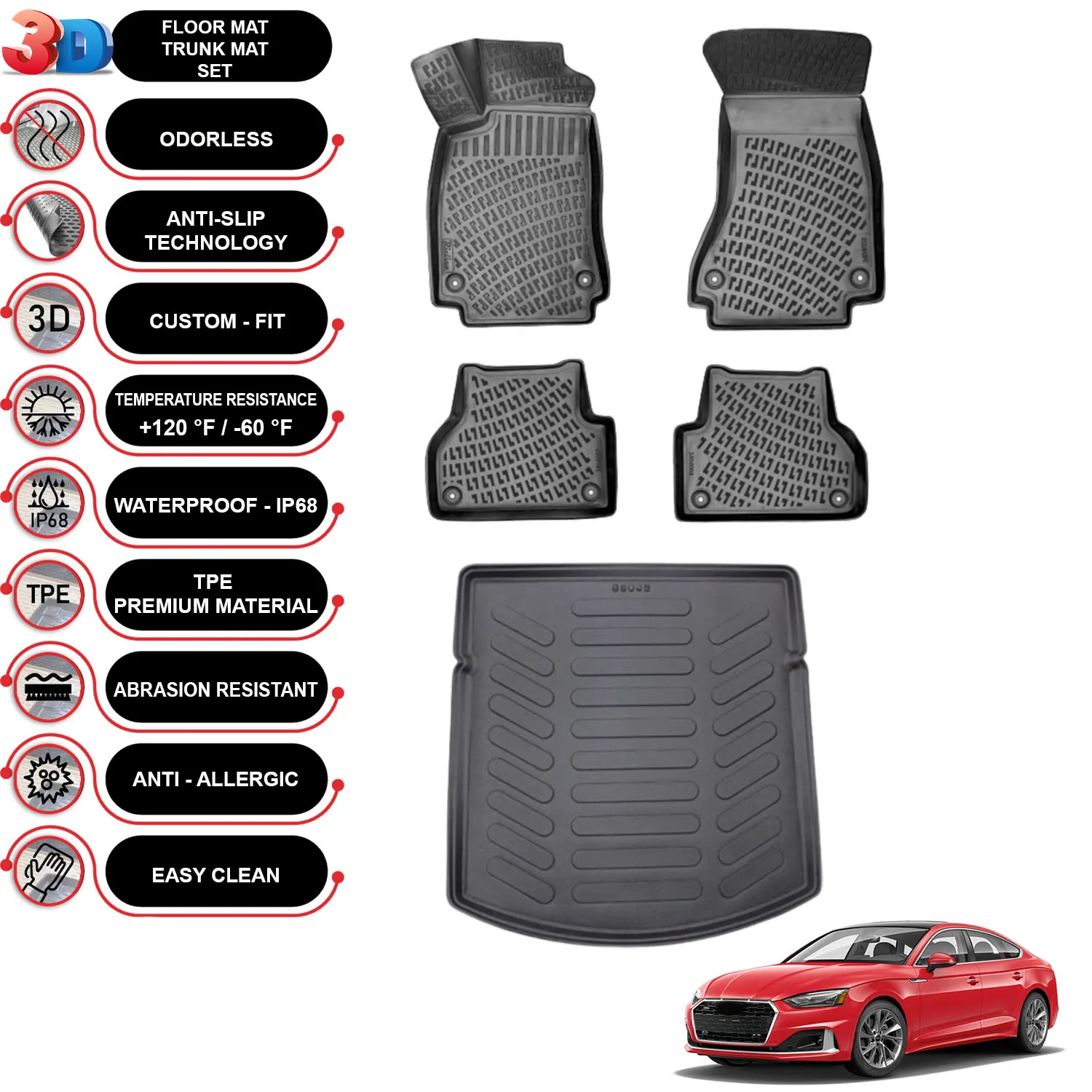 Audi A5 - (2016-2023) - Floor Mats + Cargo Trunk Liner - SET - (Black)