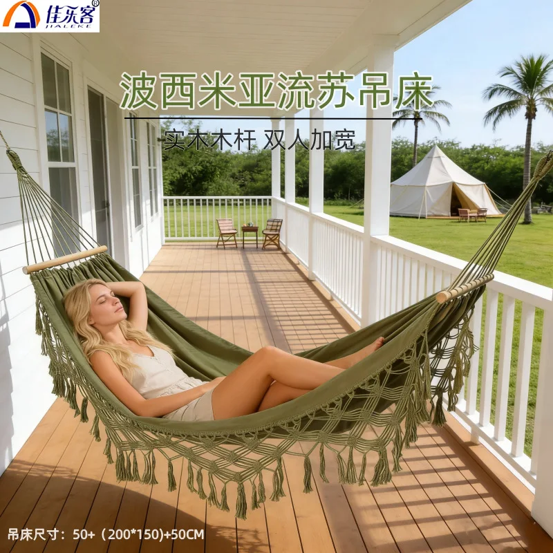 200X150cm Bohemian Tassel Canvas Hammock Thickened Anti Rollover Double Wide Size Portable Swing Bed Outdoor Camping Garden