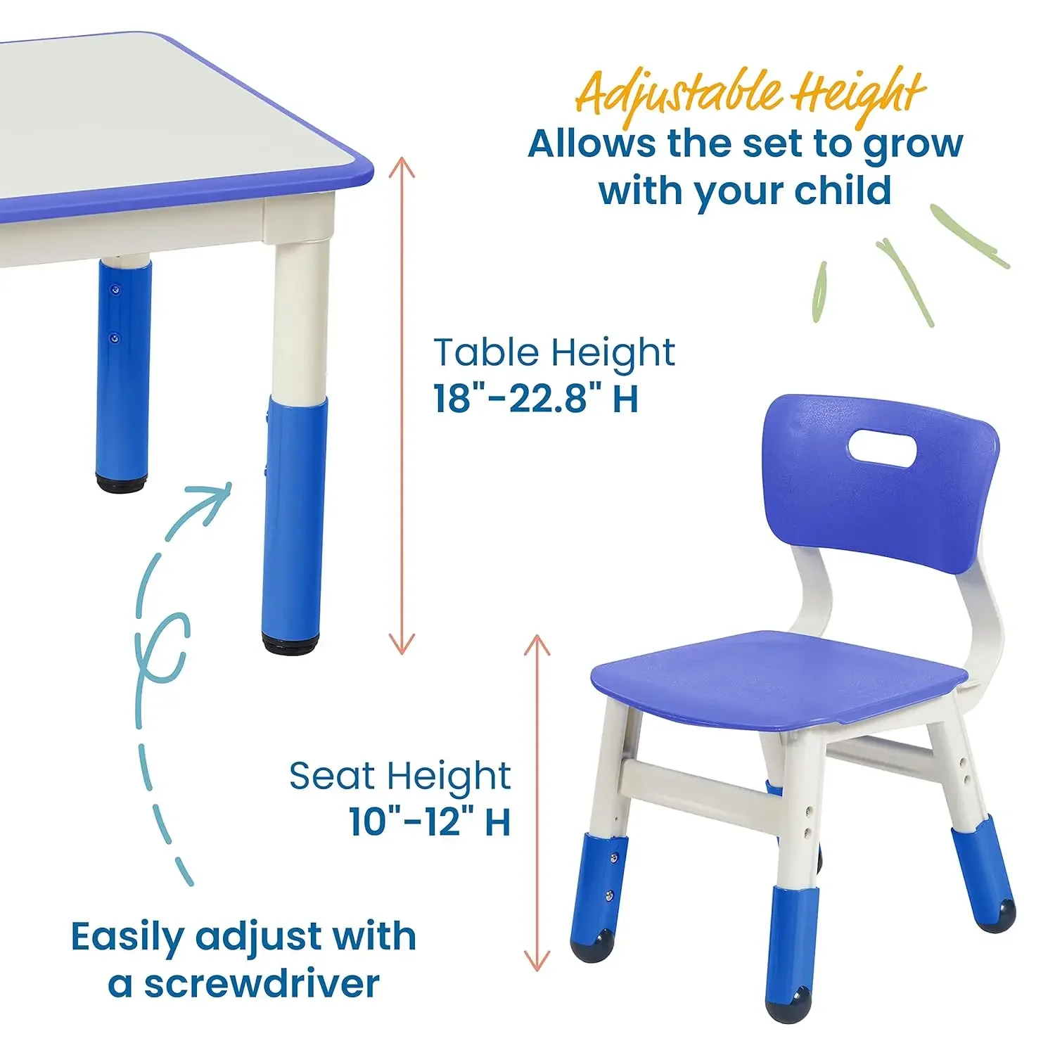 Dry-Erase Square Activity Table with 2 Chairs, Adjustable, Kids Furniture, Blue, 3-Piece