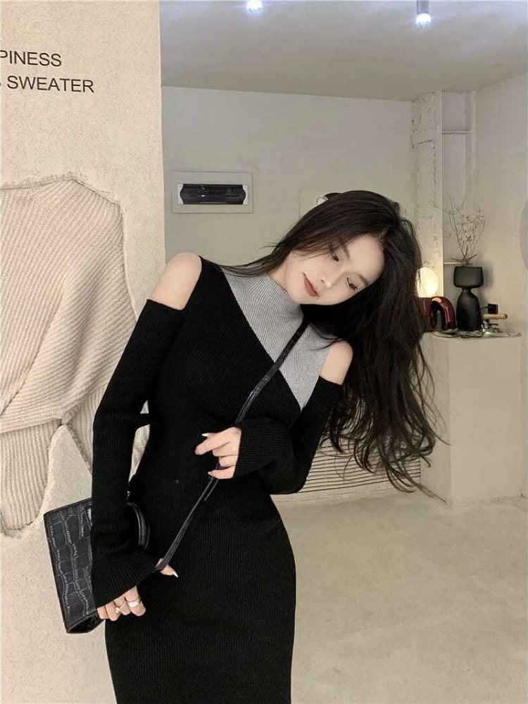 Colorblock Knit Turtleneck Women\'s Dresses Over The Shoulder Female Dress Crochet New Features of Luxury Beach Cotton Clothing