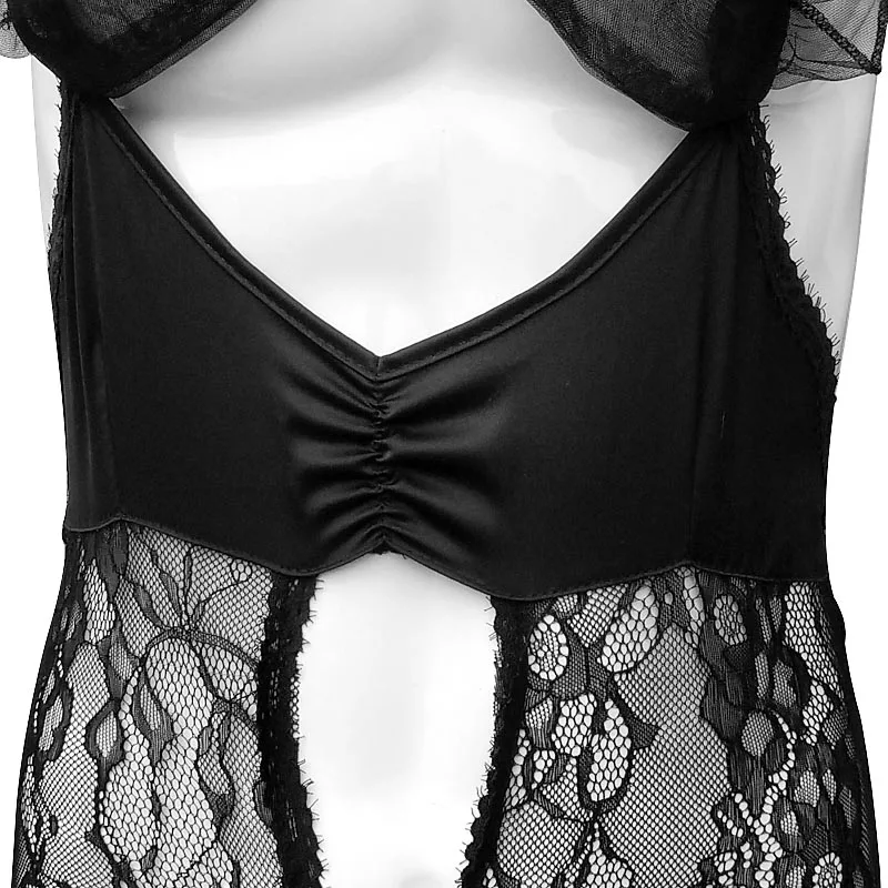 Lace Ruffles Mens Lingerie Set Bodydoll See Through Black Sissy Open Crotch Bodysuit Sexy Erotic Sleepwear Nightwear