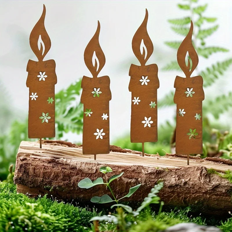 Set of 4 Independent Candle Silhouettes for Outdoor Decoration: Rusty Metal Candle Silhouettes Featuring Five-Tier Floral