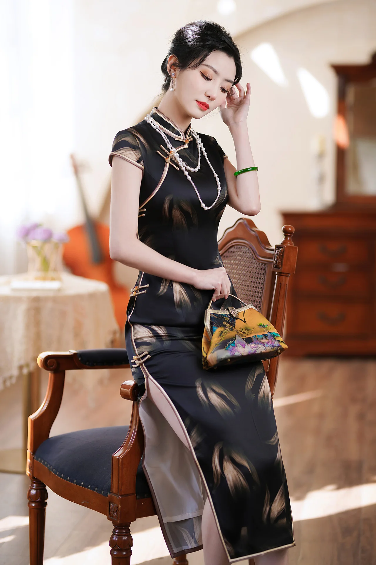 High Quality Real Silk Qipao Cheongsam Top Skirt Lady Sheath Temperament Waist-Controlled Retro Fit