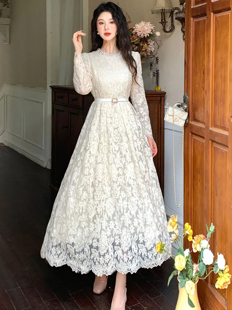 Francês vintage outono bordado flor oco para fora midi vestido elegante feminino luxo miçangas o pescoço magro a linha vestido de festa robe