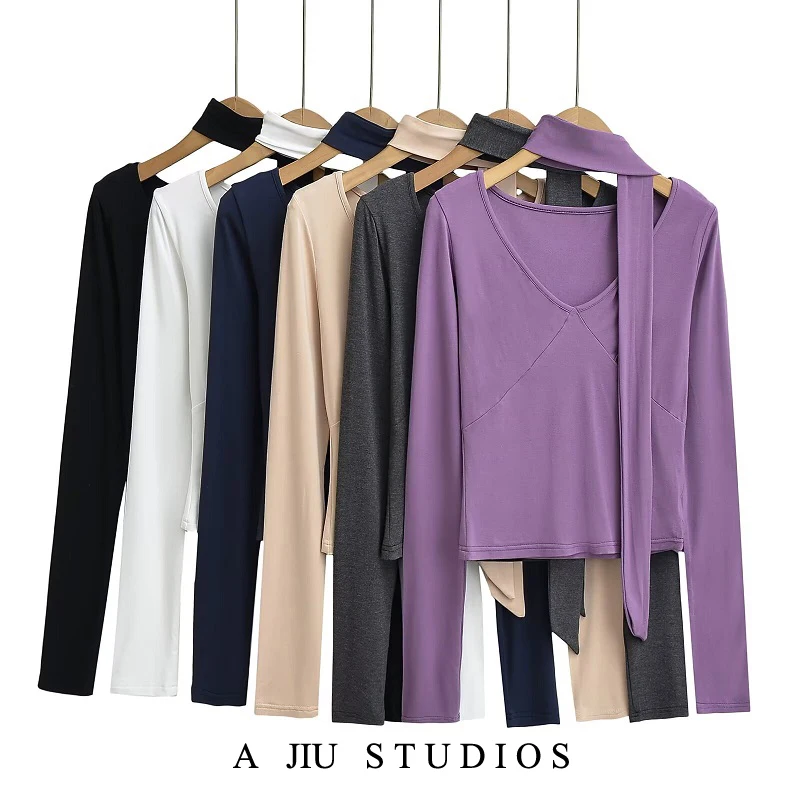 

Slim Fit V-Ne Long Sve T-irt with Sa ort Sle Women's Streetwear Pure Color Spring Faion plus Size Base irt