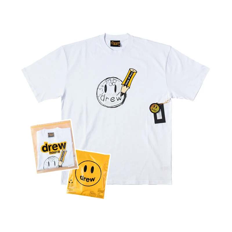 Vintage Drew House Pencil Smiley Print T-shirt Men Oversized Heavy Cotton Casual Streetwear Short Sleeve Tee
