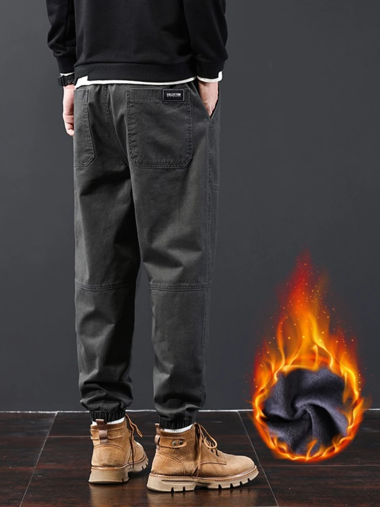 الشتاء الصوف مدبب Sweatpants الرجال 100% القطن سراويل تقليدية المألوف الدافئة جيوب سميكة البضائع المخملية بنطلون #3