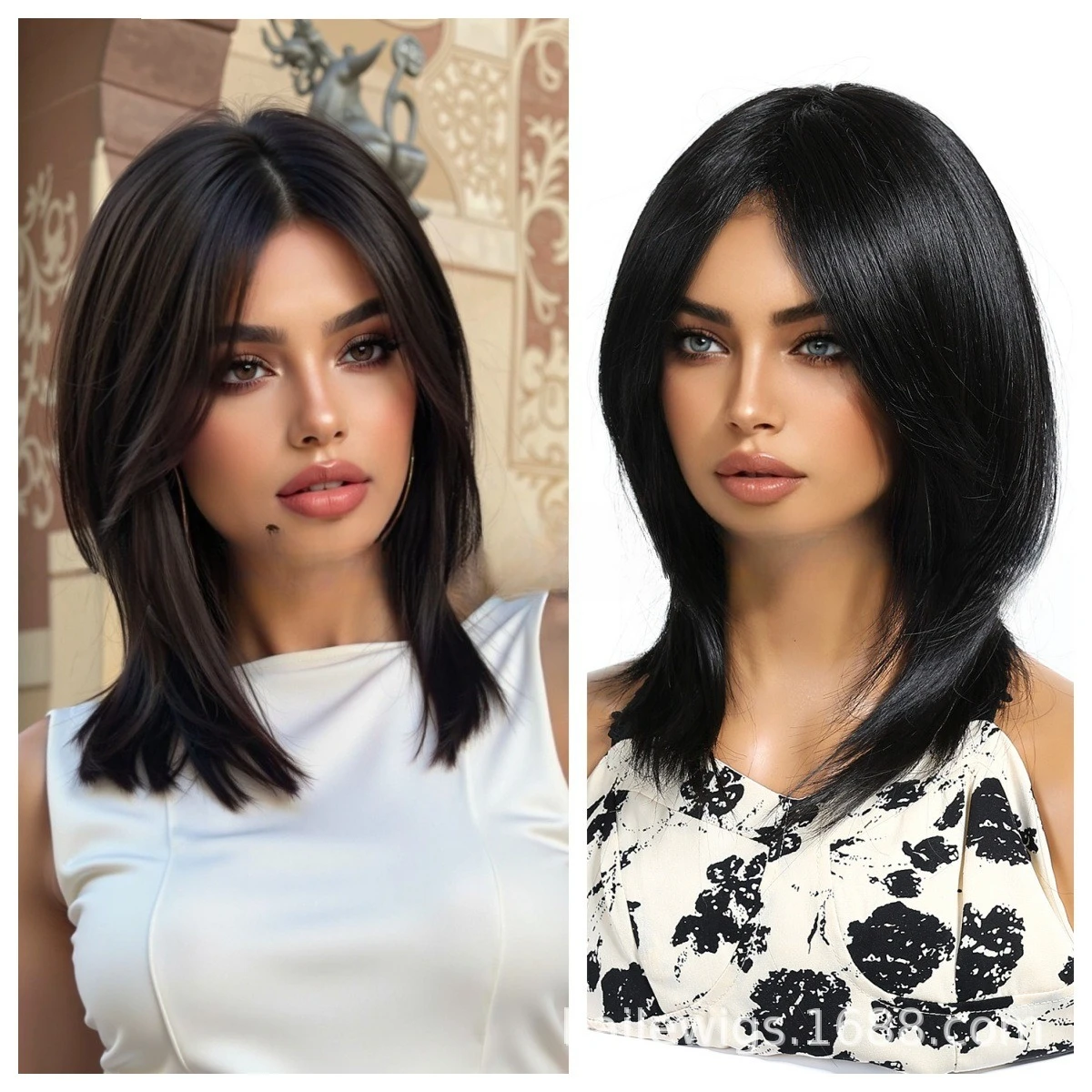 

Black medium and long wig eight-character bangs layered straight hair