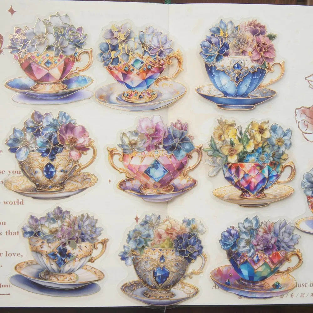 

10 Pcs Gold Line Flower Coffee Ceramic Cup Style PVC Sticker Scrapbooking DIY Gift Decoration Tag