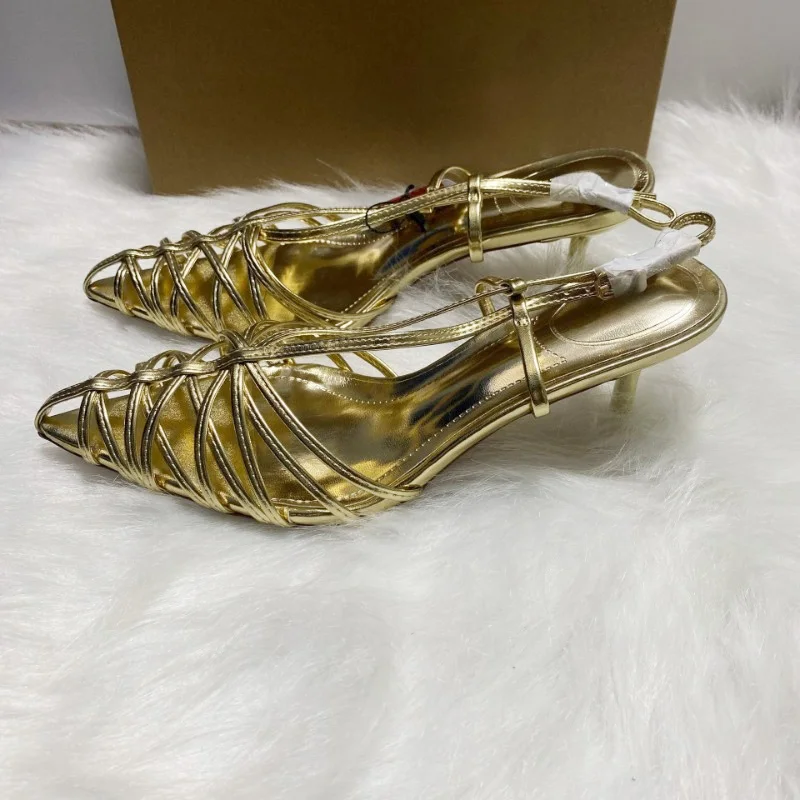 Summer Hollow Out High Heels Sandals for Women Luxury Gold Narrow Strap Sexy Pointed Toe Back Strap Brand Party Wedding Shoes
