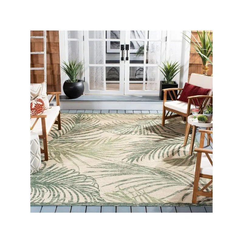 Alfombra de área de colección de Patio, color Beige y verde, anticaída y de fácil cuidado, para interior/exterior y lavable, Ideal para Patio