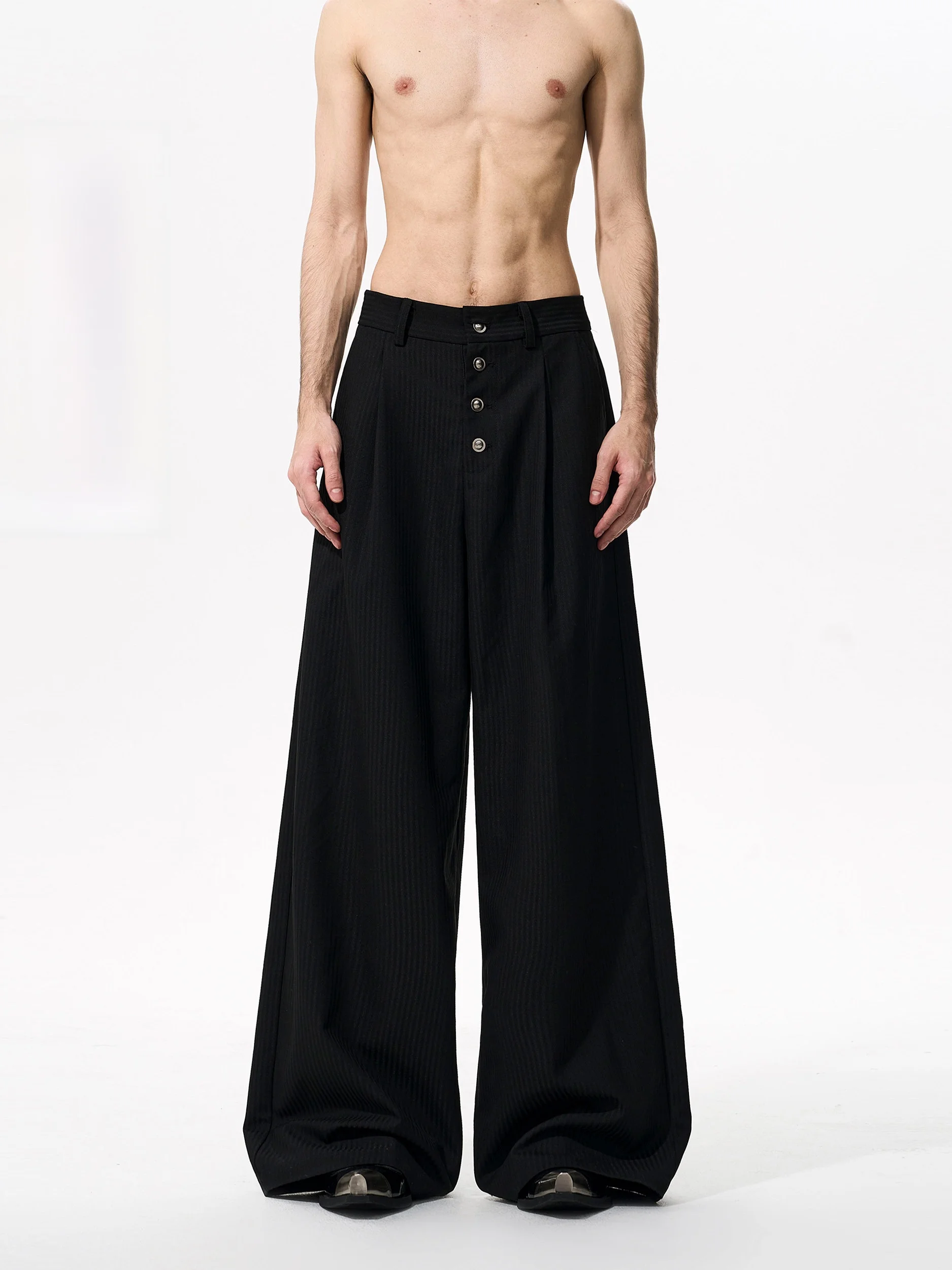 

StarTexceeden Men's Casual Pants Autumn Season Single Button Vertical Stripes Drapey Feel Straight Leg Polyester Fiber