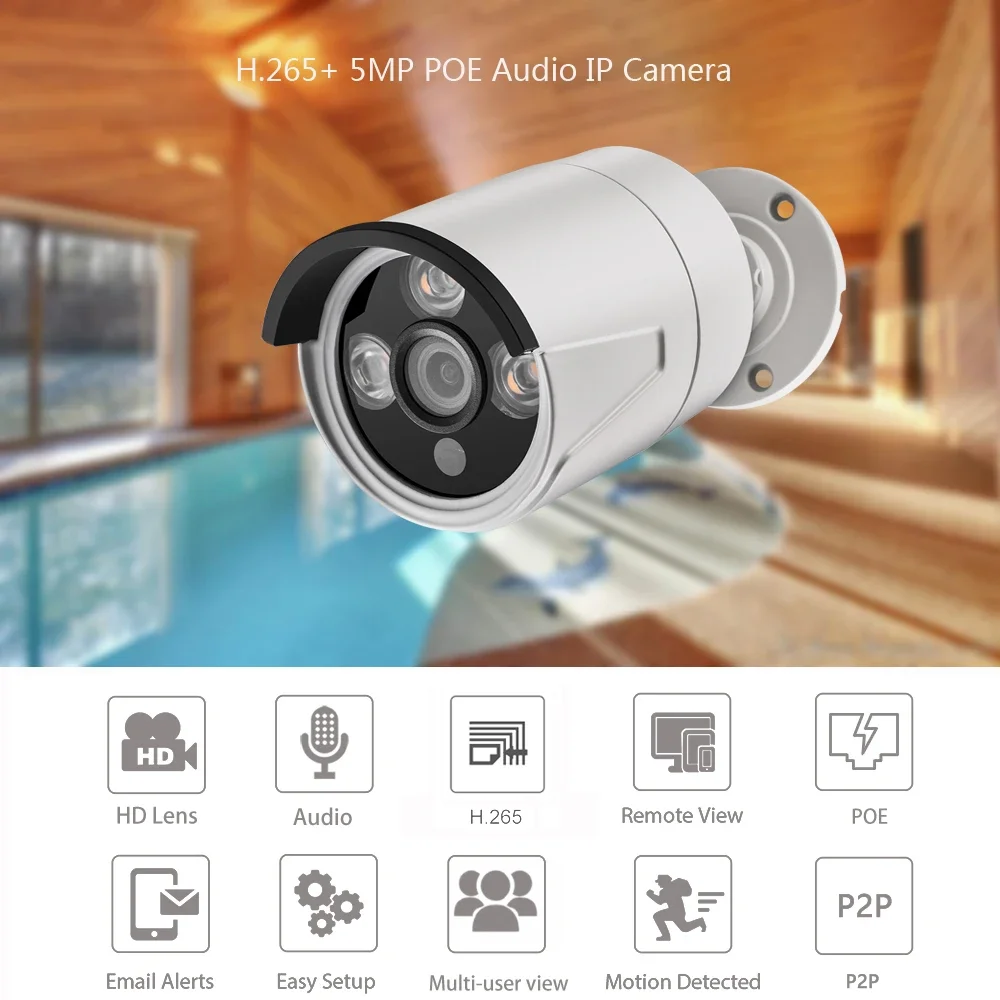 AZISHN H.265+ 5MP 4MP 3MP 2MP POE IP Camera Outdoor Video Motion Detection 3IR Array LEDS CCTV Security for NVR System