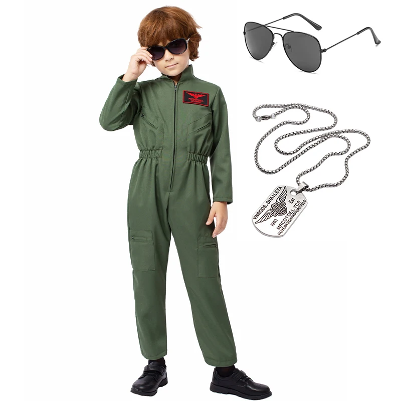 Child Top Gun Jumpsuit Necklace Glasses Book Week Dress Up Flight Suit Boys Aviator Costume For Halloween Carnival