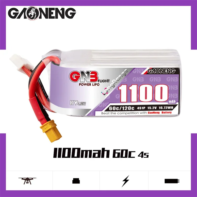 High Energy GNB 1100mAh 4S1P 15.2V 60C Lightweight Long Battery Life LiHV Lithium Battery, XT30 XT60 Plug for FPV Racing Drone