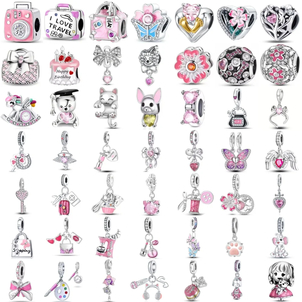 925 Sterling Silver Pink Camera Travel Bag Cake Charms Beads for European Bracelets Cute DIY Jewelry Gift for Girls