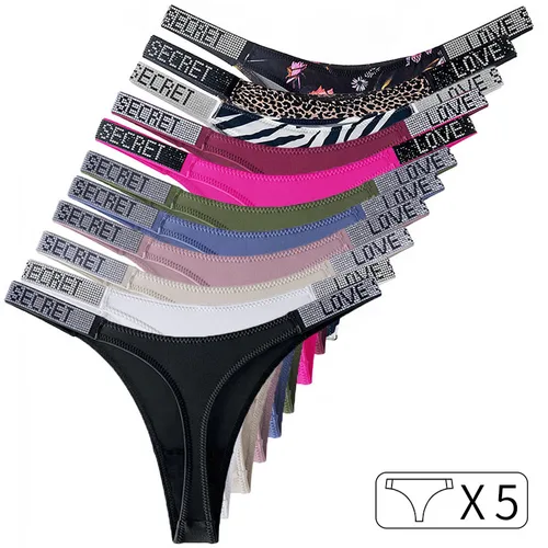 Bragas sexis de cintura baja para mujer, tangas con diamantes de imitación y letras, Tanga deportiva, pantalones cortos, calzoncillos con espalda en T, talla S-XL, 5 uds.
