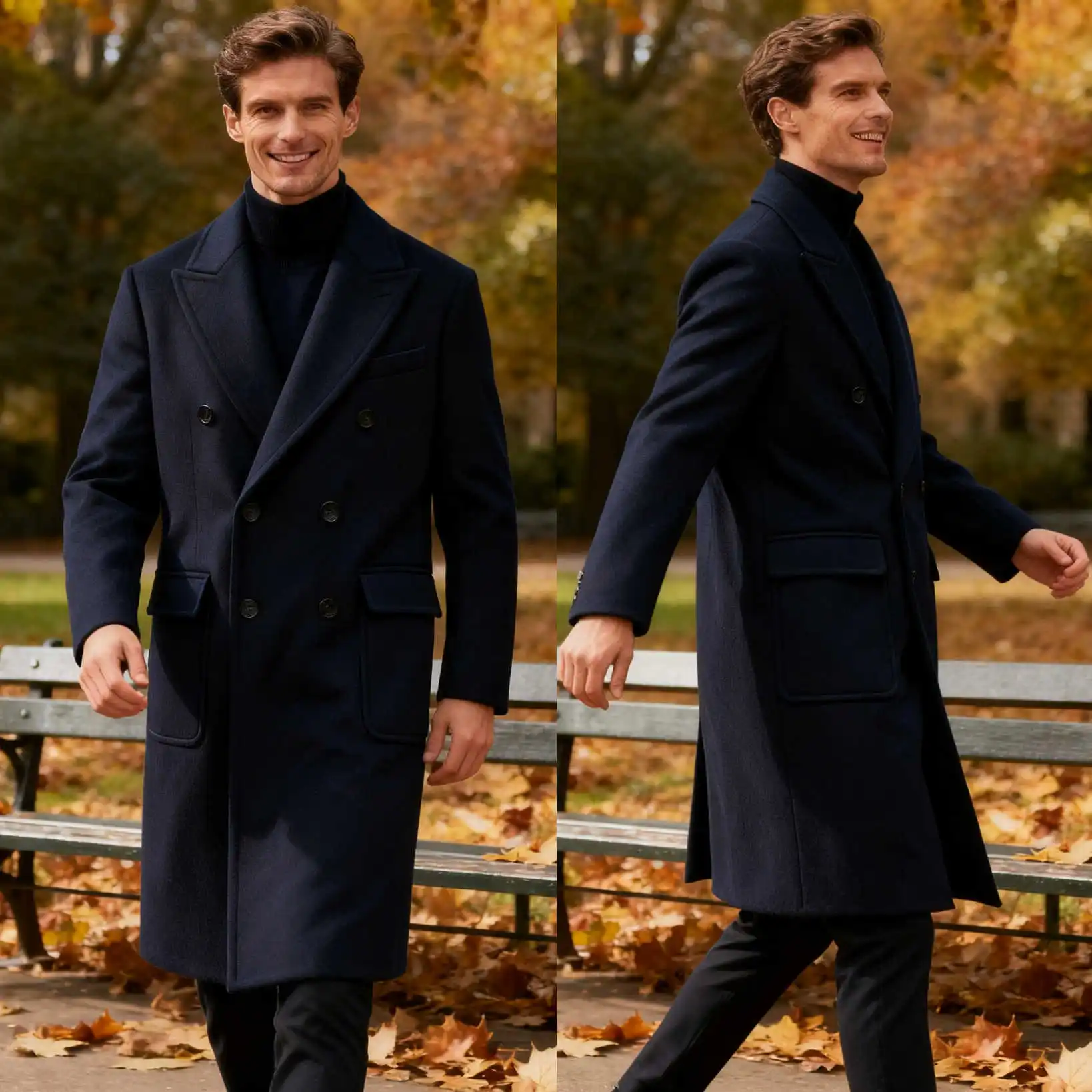 

Vintage Men Long Coat Double Breasted Peaked Lapel Jacket Blazer Wool Blend Overcoat Plus Size Customized One Piece