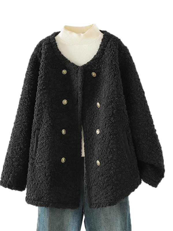 Loose Lamb Fur Jaet ort round Ne Double Breasted Winter New Sle Women's Woolen Coat Pure Color Long Sve Top