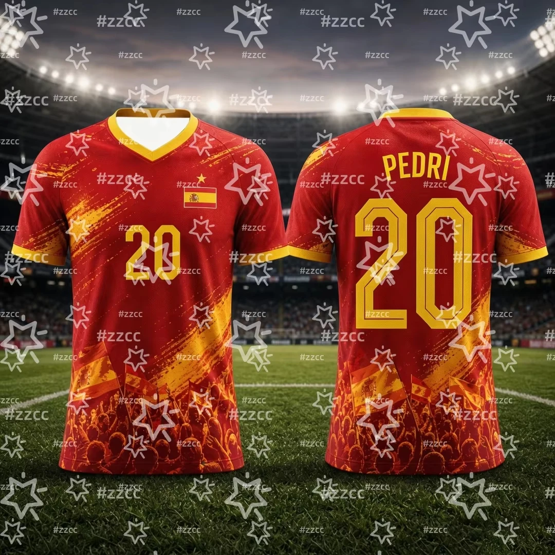 Unisex Spain Soccer Jersey Red Gold V-Neck Trim Splash Brush Print No.20 Badge Decor 2026 Crest Fan Football Shirt