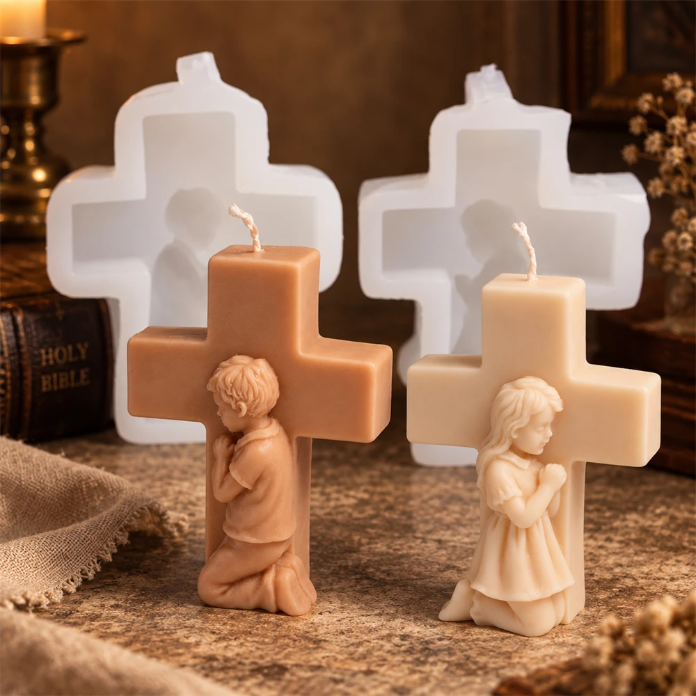 3D Praying Boy Girl Cross Candle Mold Christian Religious Silicone Mold for DIY Candle Making Home Decor Handmade Prayer Gift