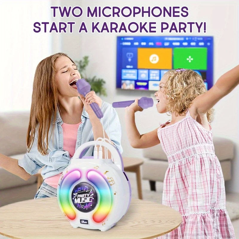 Machine de karaoké portable avec 2 microphones pour enfants, jouet musical avec lumière, fonction de changement vocal statique, cadeau pour filles et garçons