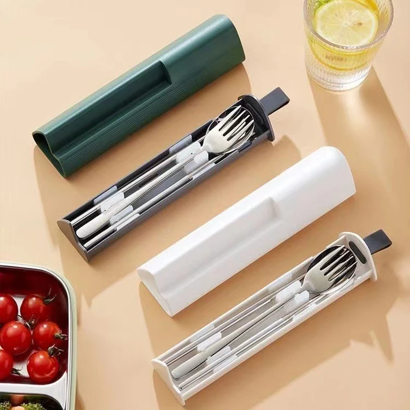 

3Pcs/4Pcs Portable Tableware Stainless Steel Spoon Fork Chopsticks with Storage Box Lunch Travel Kitchen School Cutlery Set