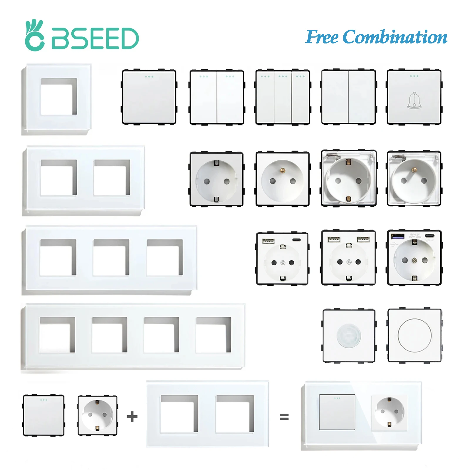 BSEED 1/2/3Gang 1/2Way Wall Button Switch Part Wall Power Socket Electrical Outlets Glass Frame DIY Module Part Free Combination