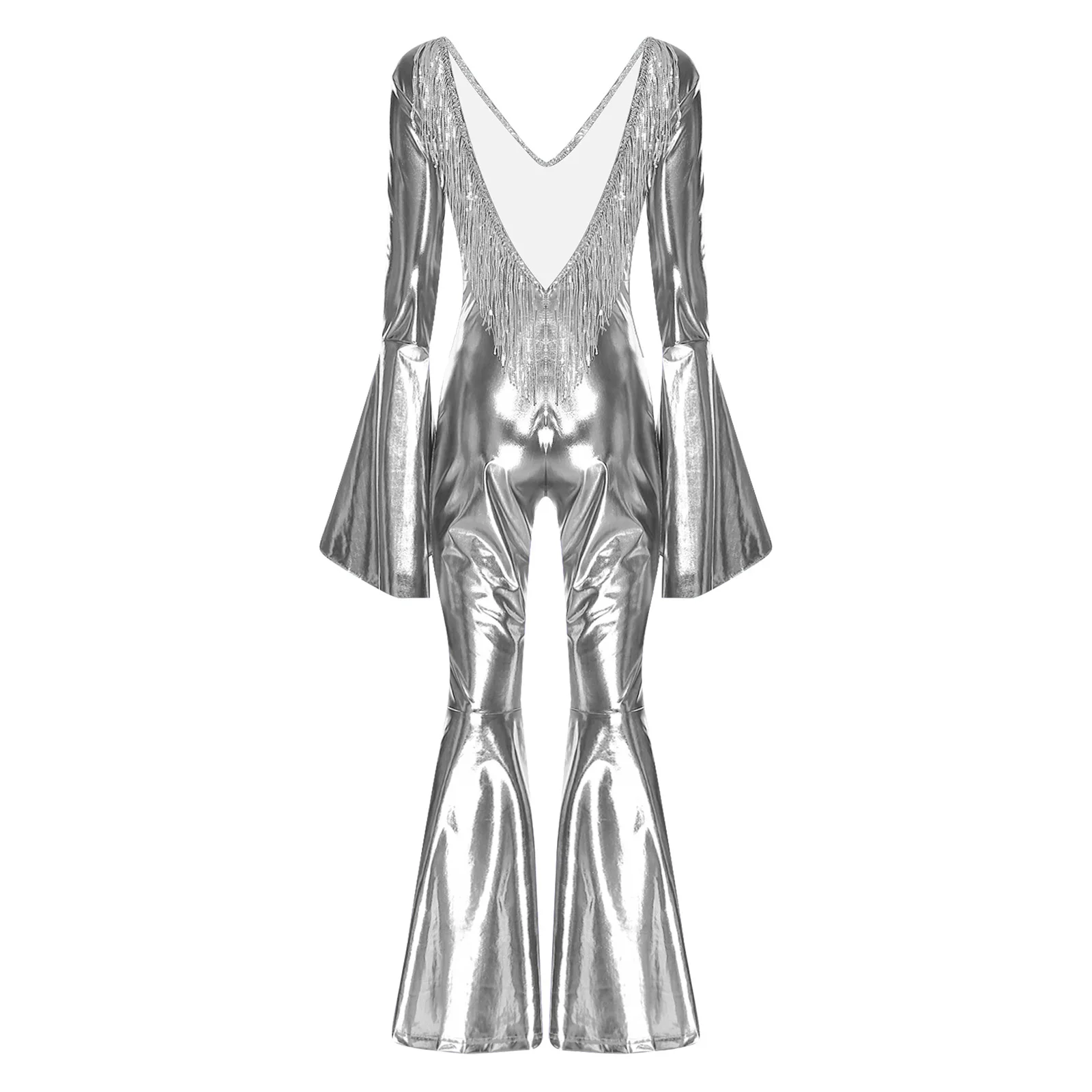 Womens Hippie Disco Ballroom Dance Costume Sequin Tassel Backless Flared Cuffs And Legs Iridescent Metallic Bodysuit Jumpsuit