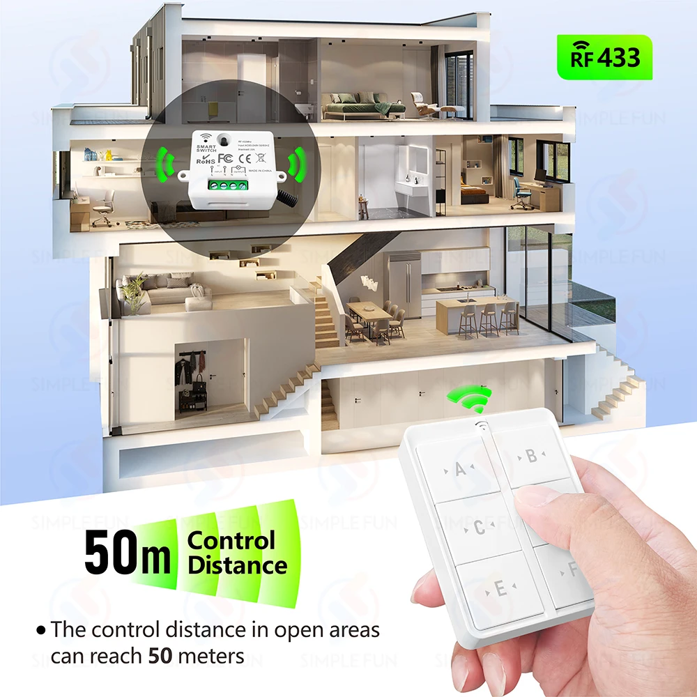 Interruptor de luz inalámbrico con Control remoto, minimódulo de relé magnético de 433MHz, 110V, 220V, 10A, para ventilador de lámpara encendido y