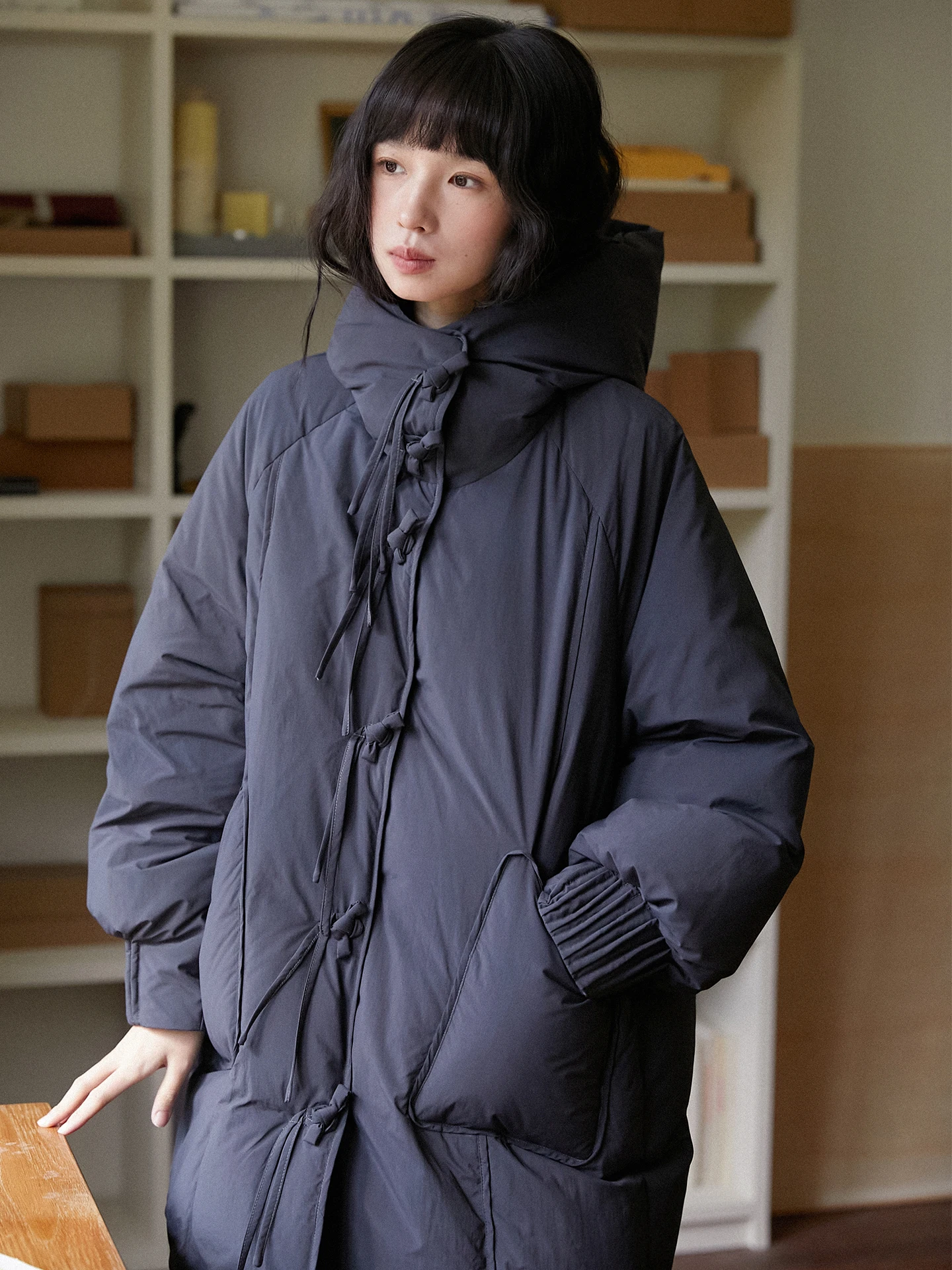

LBAO Casual Sle Mid-Length Hooded down Jaet Deep Blue Warm White Du Feather Irregular on ape Women's Coat