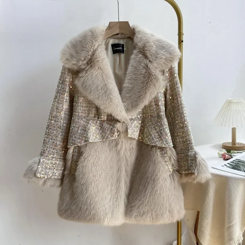 New Sequined Wool Fur Jacket Women Fashion Fur Integrated Coat Heavy Industry Loose Korean Version Winter Jacket Women