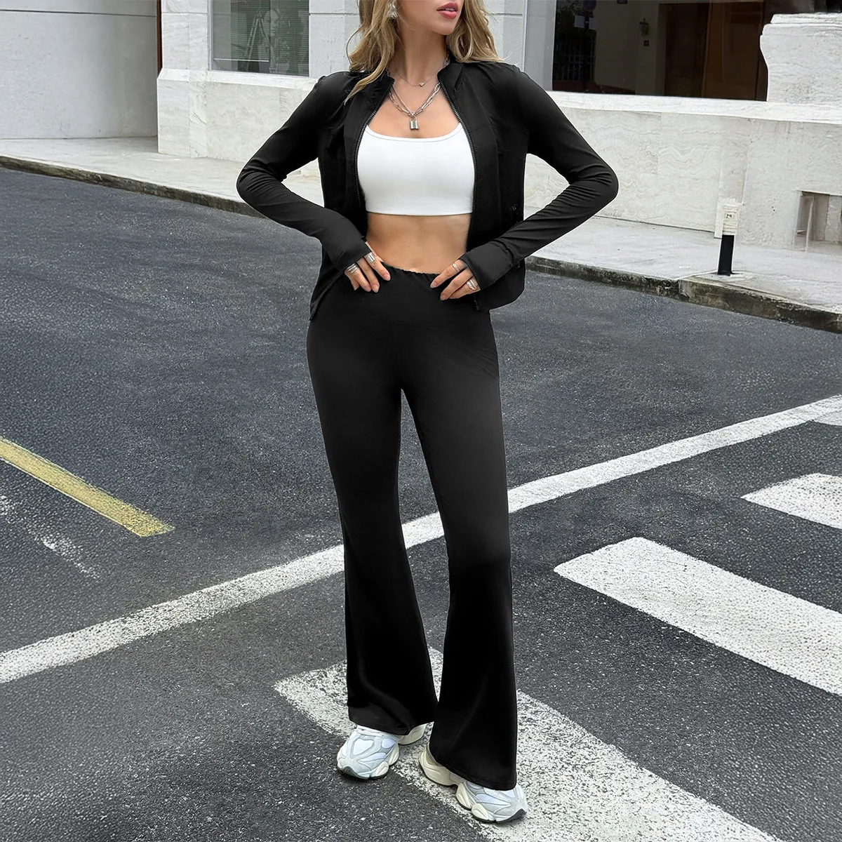 2026 Spring Women's Black Long-sleeved Zipper Sports Suit, Slim-fitting Flare Pants, 2-piece Sportswear Set