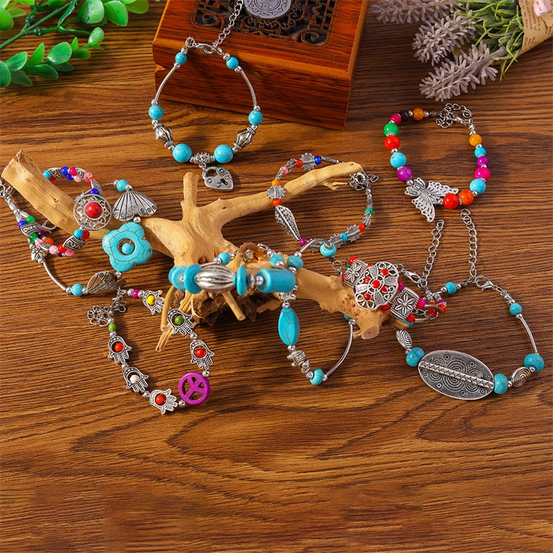 بوهيميا الملونة الفيروز أساور للنساء اليدوية حجر الخرز أساور بنات حفلة عطلة مجوهرات هدايا