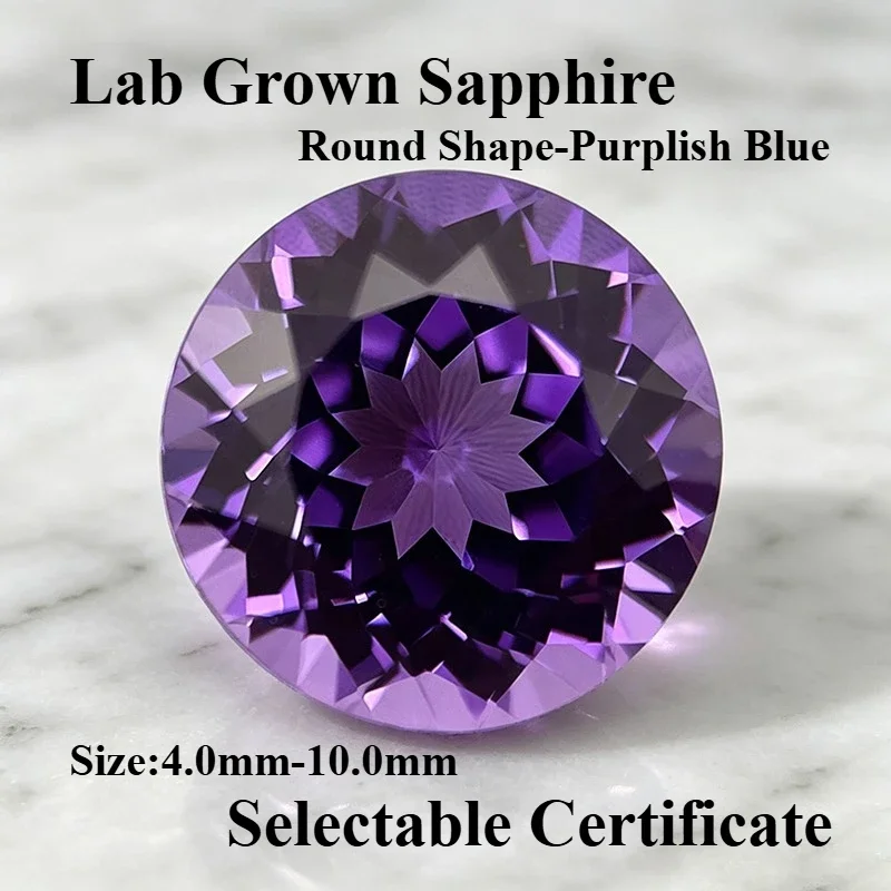 Lab Grown Sapphire Purplish Blue Color Round Shape Charms Gemstone for DIY Ring Necklace Earrings Making Selectable Certificate
