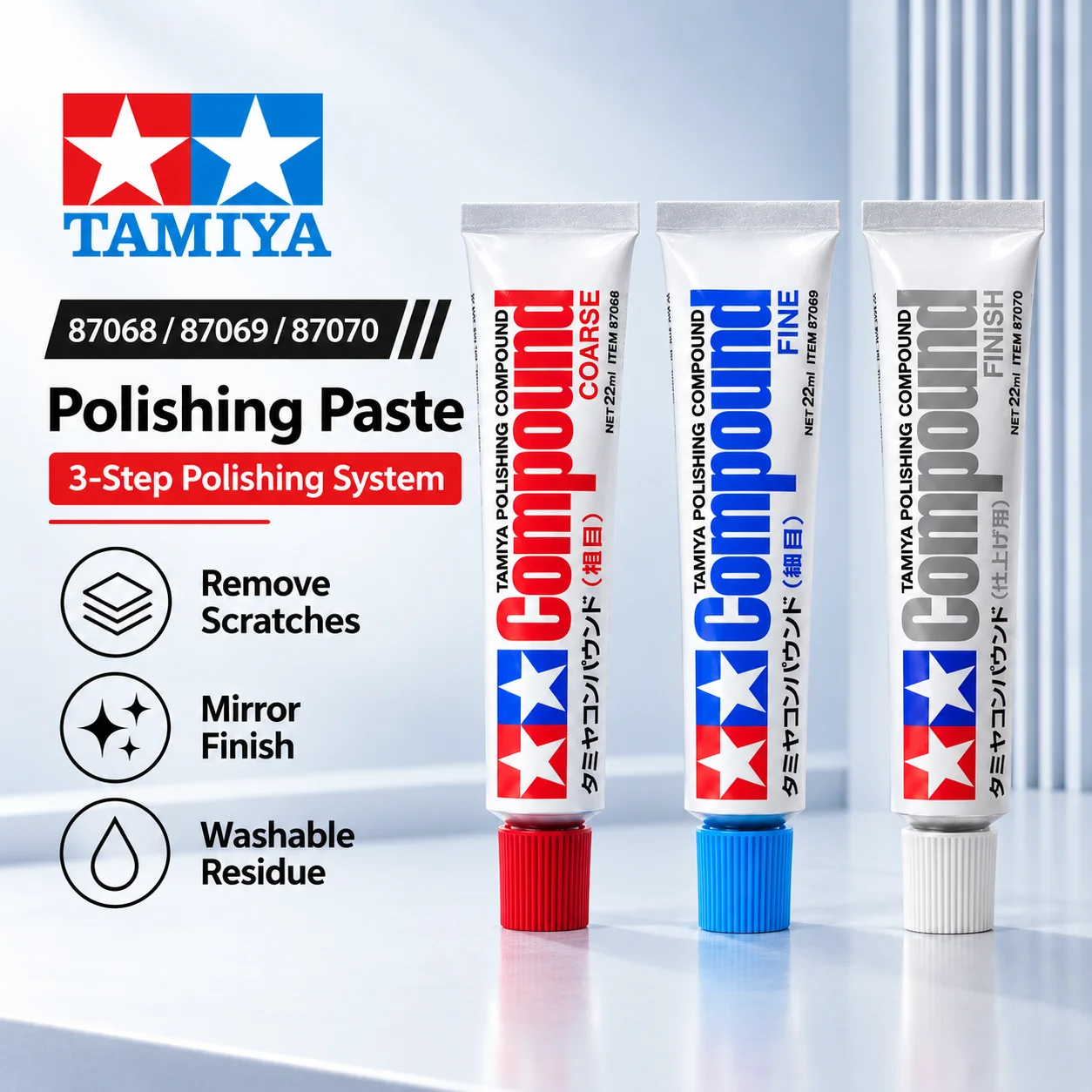 Original TAMIYA 87068 87069 87070 Polishing Compound 22ml Coarse Fine Finish Model Plastic Surface Scratch Removal Polish Paste
