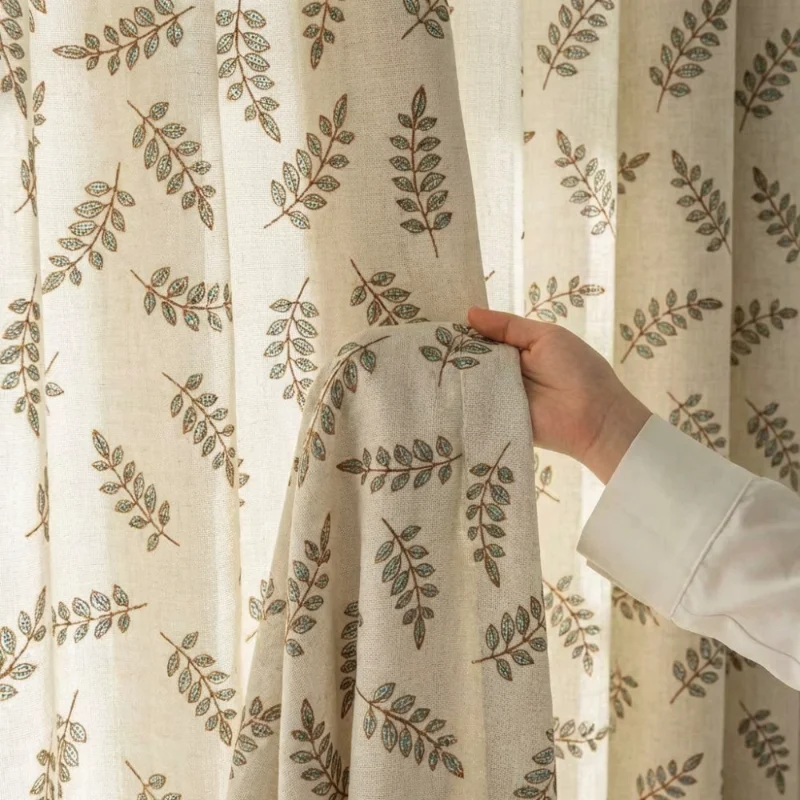 Imitation Hemp Leaf Printed Curtains with Antique Style Semi Blackout Pole Piercing Gauze Curtains