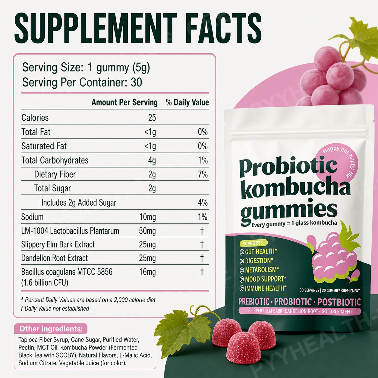 Probiotic Gummies with Prebiotic Fiber,Kombucha Powder,Slippery Elm & Dandelion Root,Pectin Based Berry Flavor,30 Count